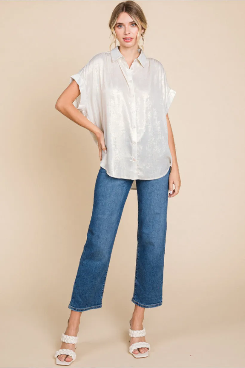 Metallic Collared Button Up Top W/Cuffed Short Sleeves