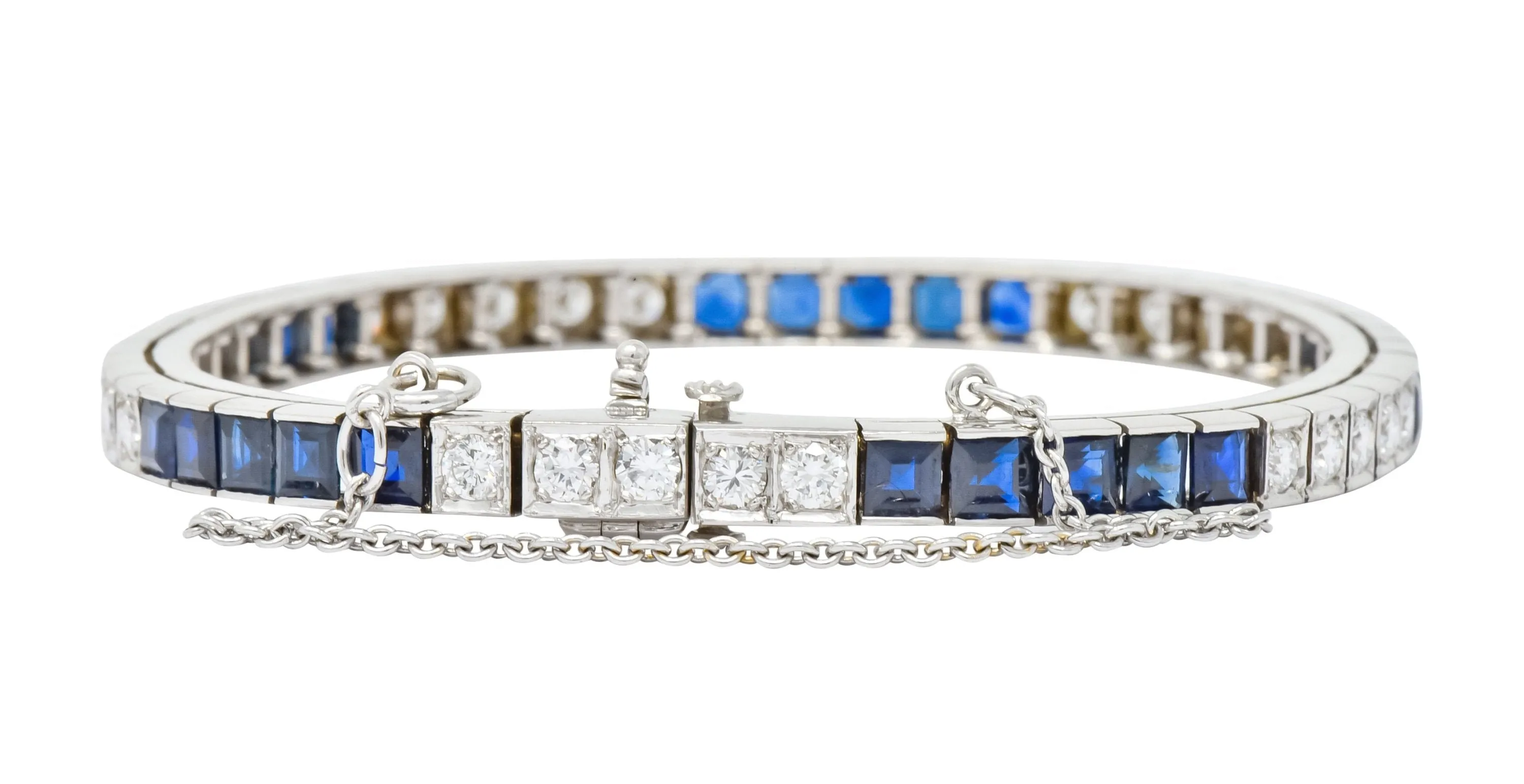 Mid-Century 7.00 CTW Diamond Sapphire 14 Karat White Gold Line Bracelet Circa 1950s