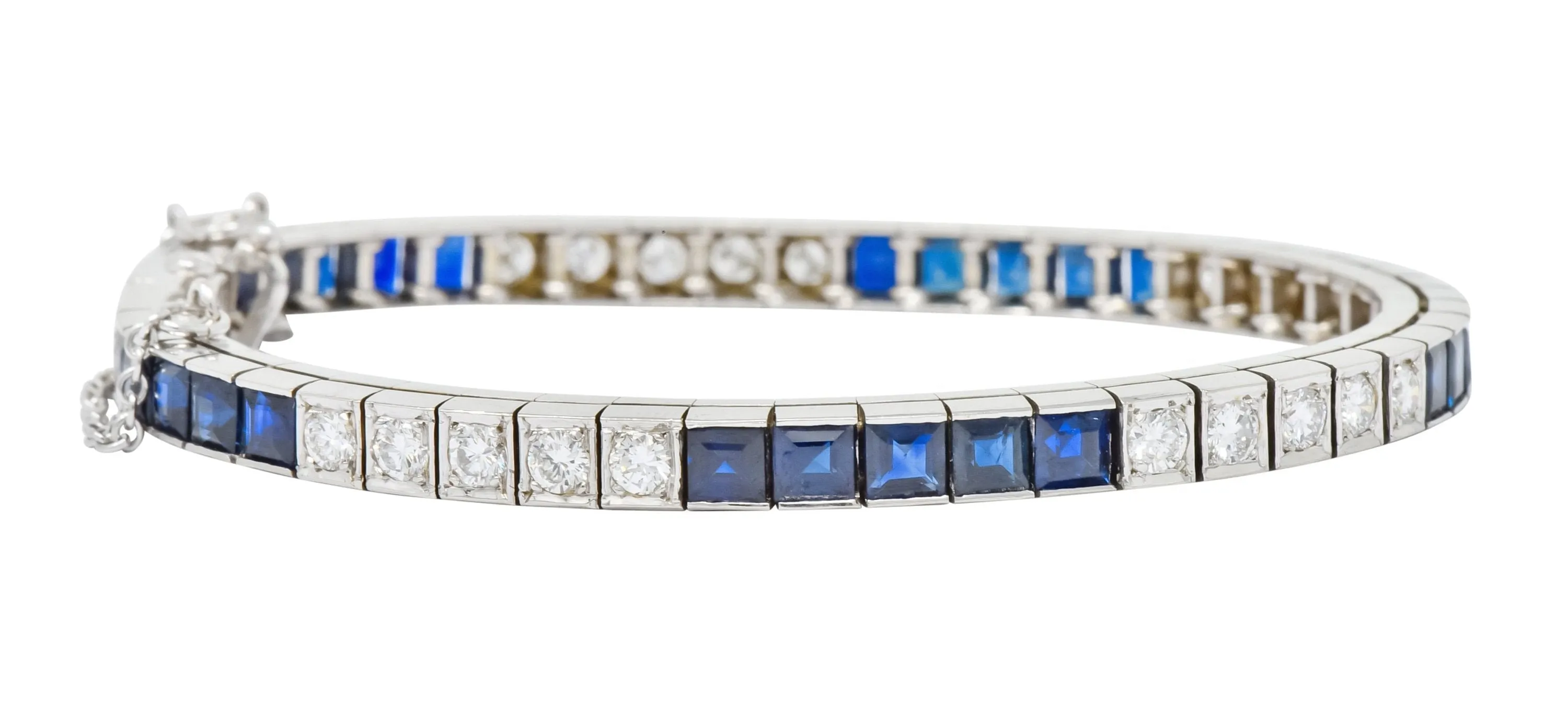 Mid-Century 7.00 CTW Diamond Sapphire 14 Karat White Gold Line Bracelet Circa 1950s