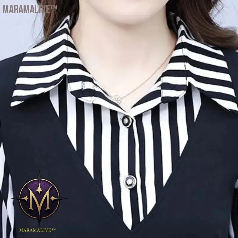 Mid Length Striped Patchwork for Autumn and Winter Women's POLO Collar Button Pocket with Waist Closure Long Sleeved Dresses