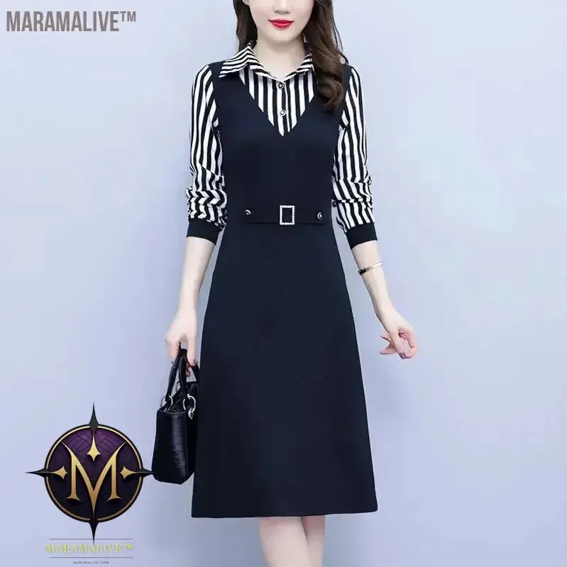 Mid Length Striped Patchwork for Autumn and Winter Women's POLO Collar Button Pocket with Waist Closure Long Sleeved Dresses