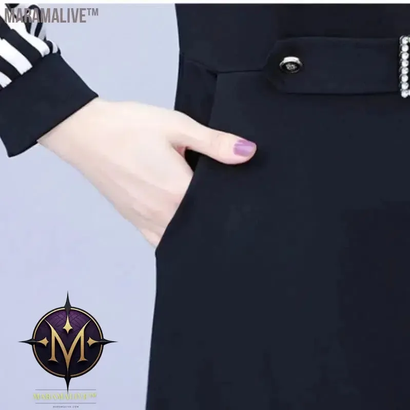 Mid Length Striped Patchwork for Autumn and Winter Women's POLO Collar Button Pocket with Waist Closure Long Sleeved Dresses