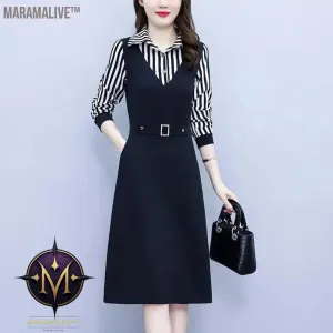 Mid Length Striped Patchwork for Autumn and Winter Women's POLO Collar Button Pocket with Waist Closure Long Sleeved Dresses