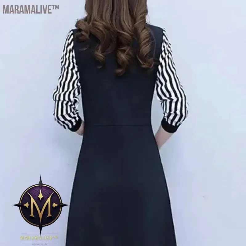 Mid Length Striped Patchwork for Autumn and Winter Women's POLO Collar Button Pocket with Waist Closure Long Sleeved Dresses