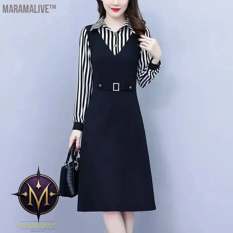 Mid Length Striped Patchwork for Autumn and Winter Women's POLO Collar Button Pocket with Waist Closure Long Sleeved Dresses