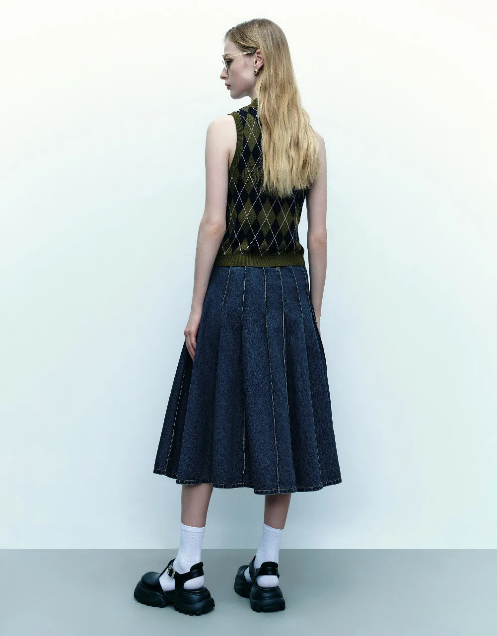 Midi A-Line Denim Skirt With Belt