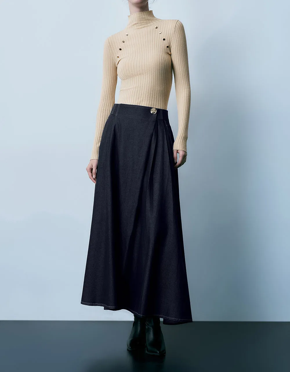 Midi A-Line Denim Skirt