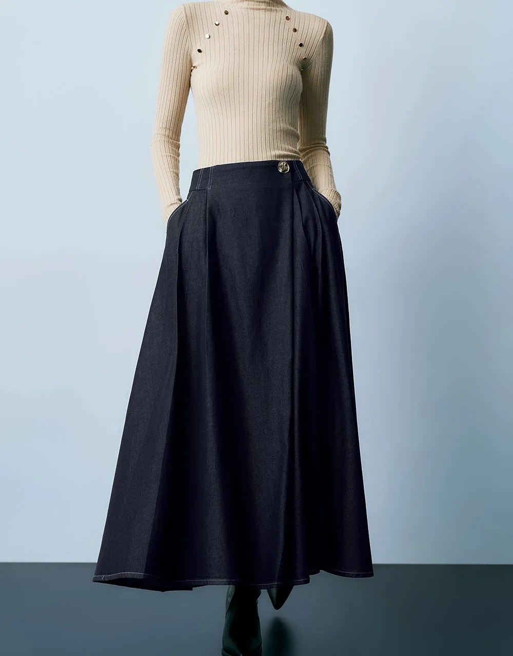 Midi A-Line Denim Skirt