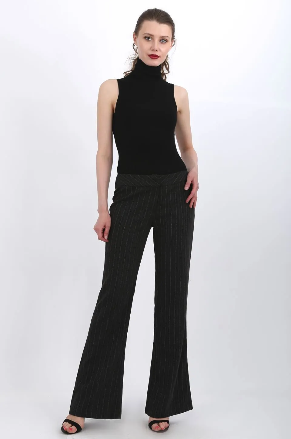 MISS PINKI Londyn tailored work pants in grey stripe