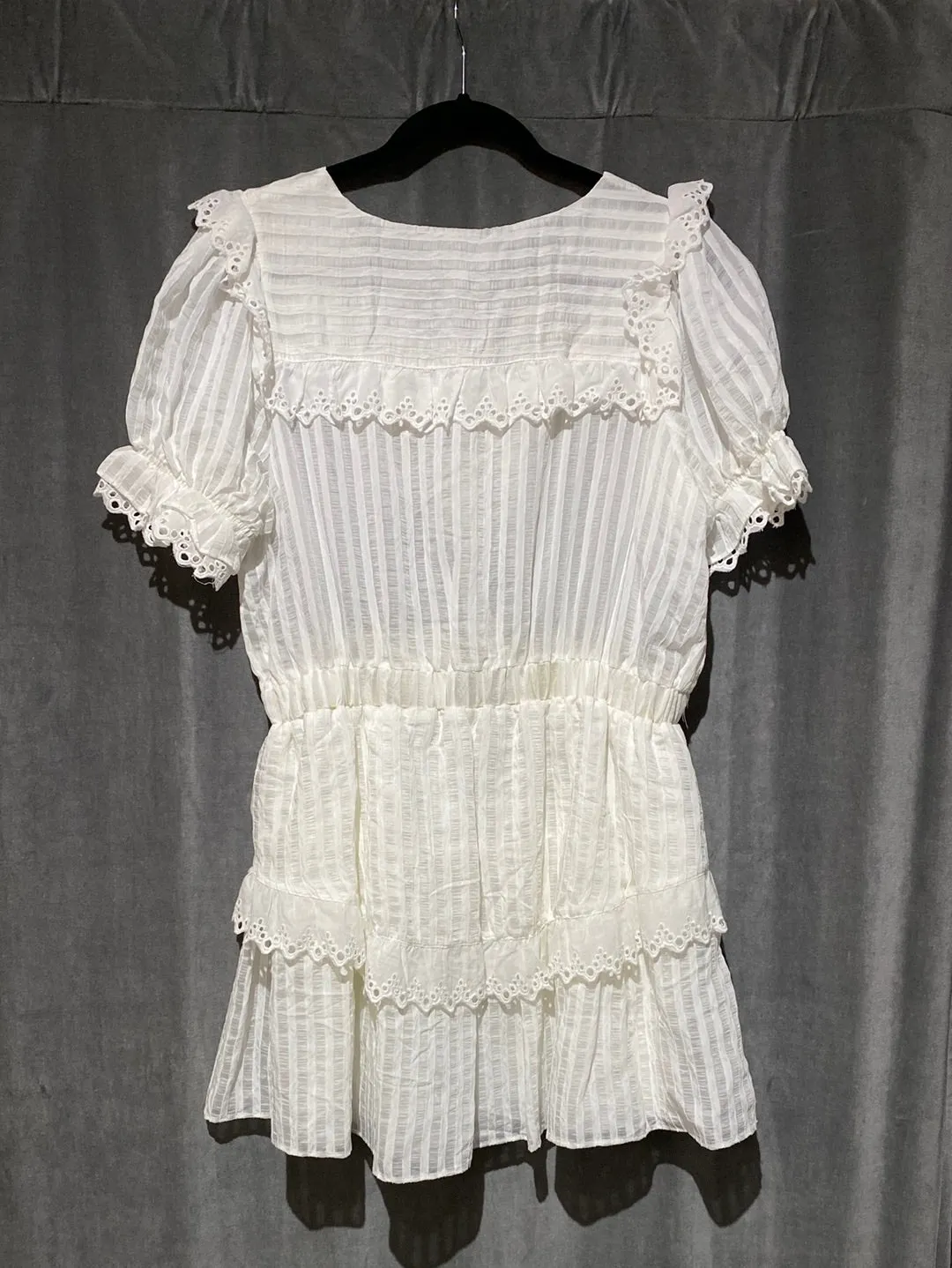 Moon River White Short Sleeve Eyelet Ruffle Dress.