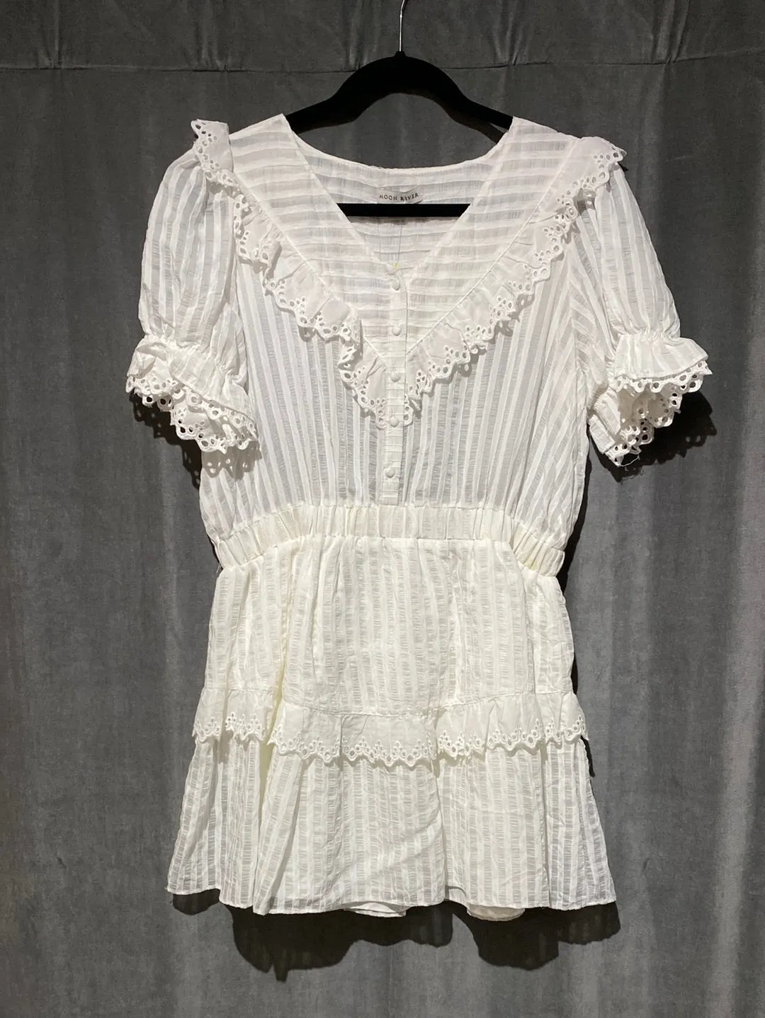 Moon River White Short Sleeve Eyelet Ruffle Dress.