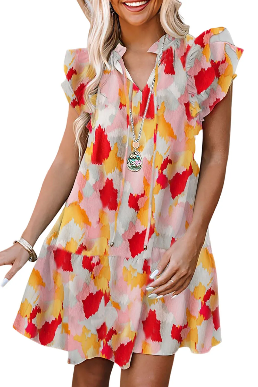 Multicolor Abstract Printed Tie V Neck Ruffle Sleeve Dress