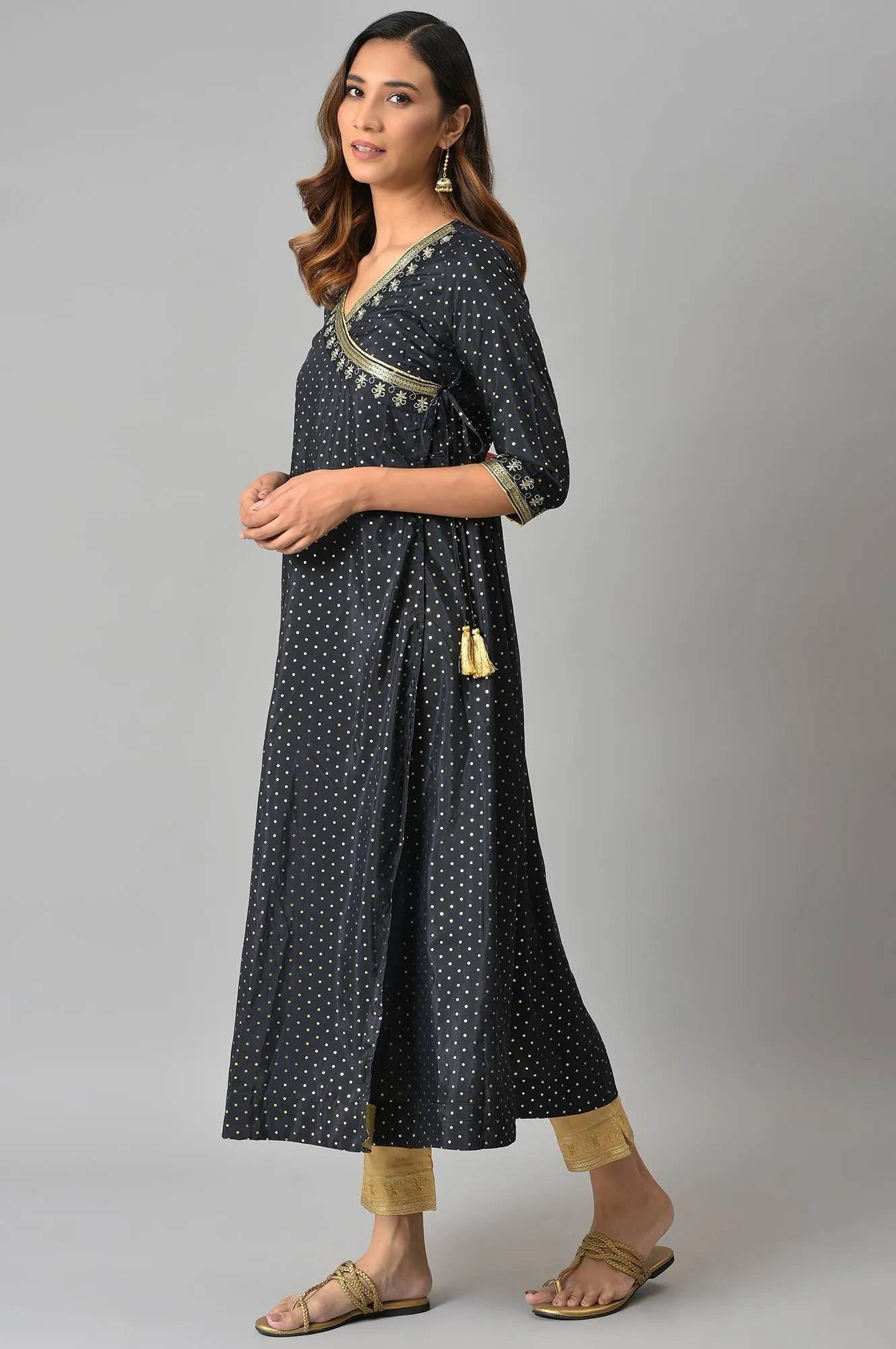 Navy A-line Printed Angrakha kurta