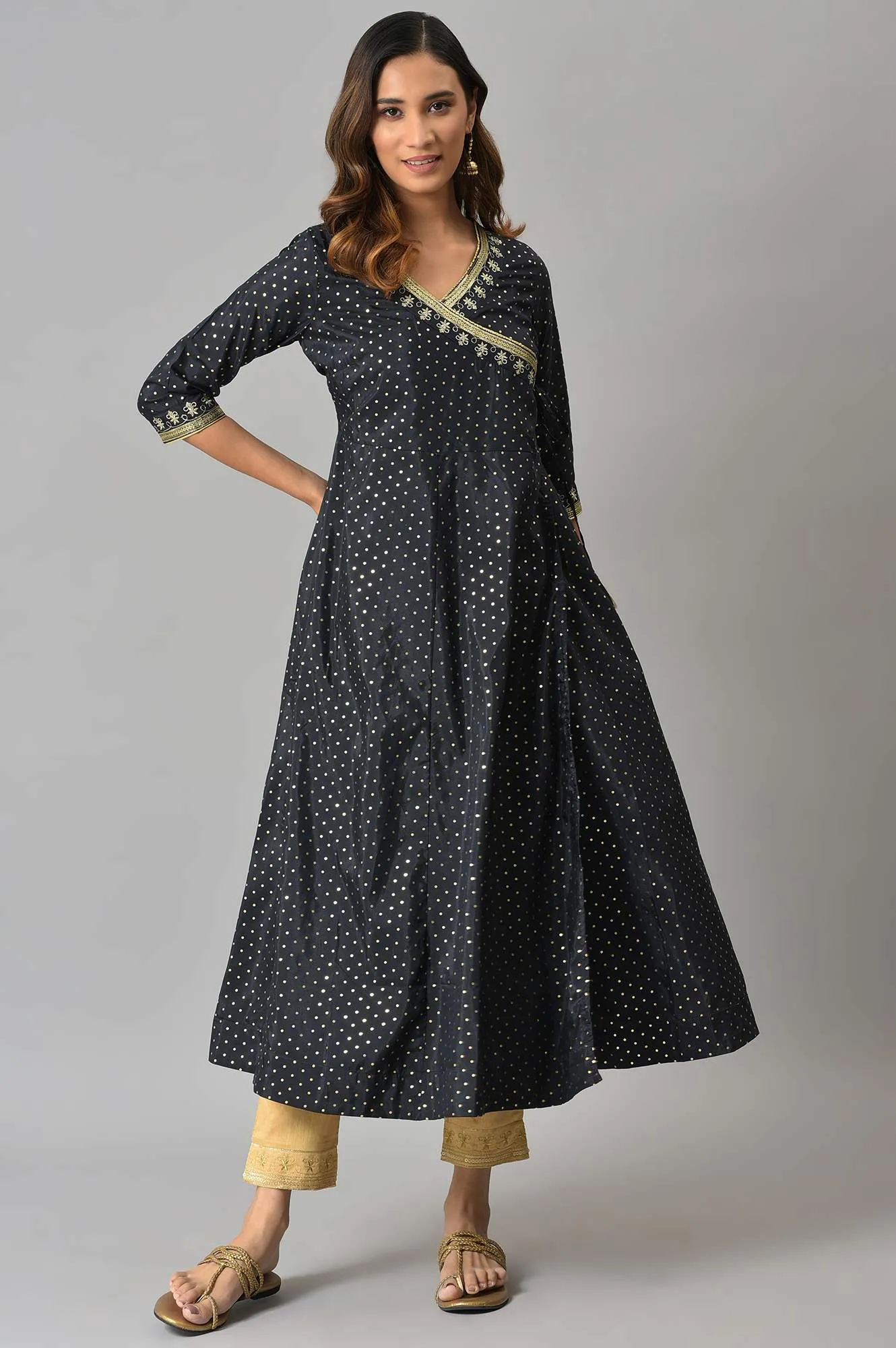 Navy A-line Printed Angrakha kurta