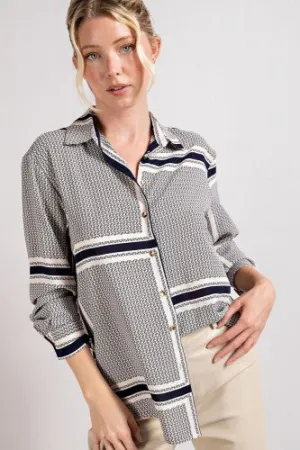Navy & White Button Front Block Pattern Blouse