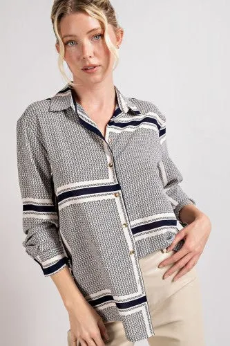 Navy & White Button Front Block Pattern Blouse