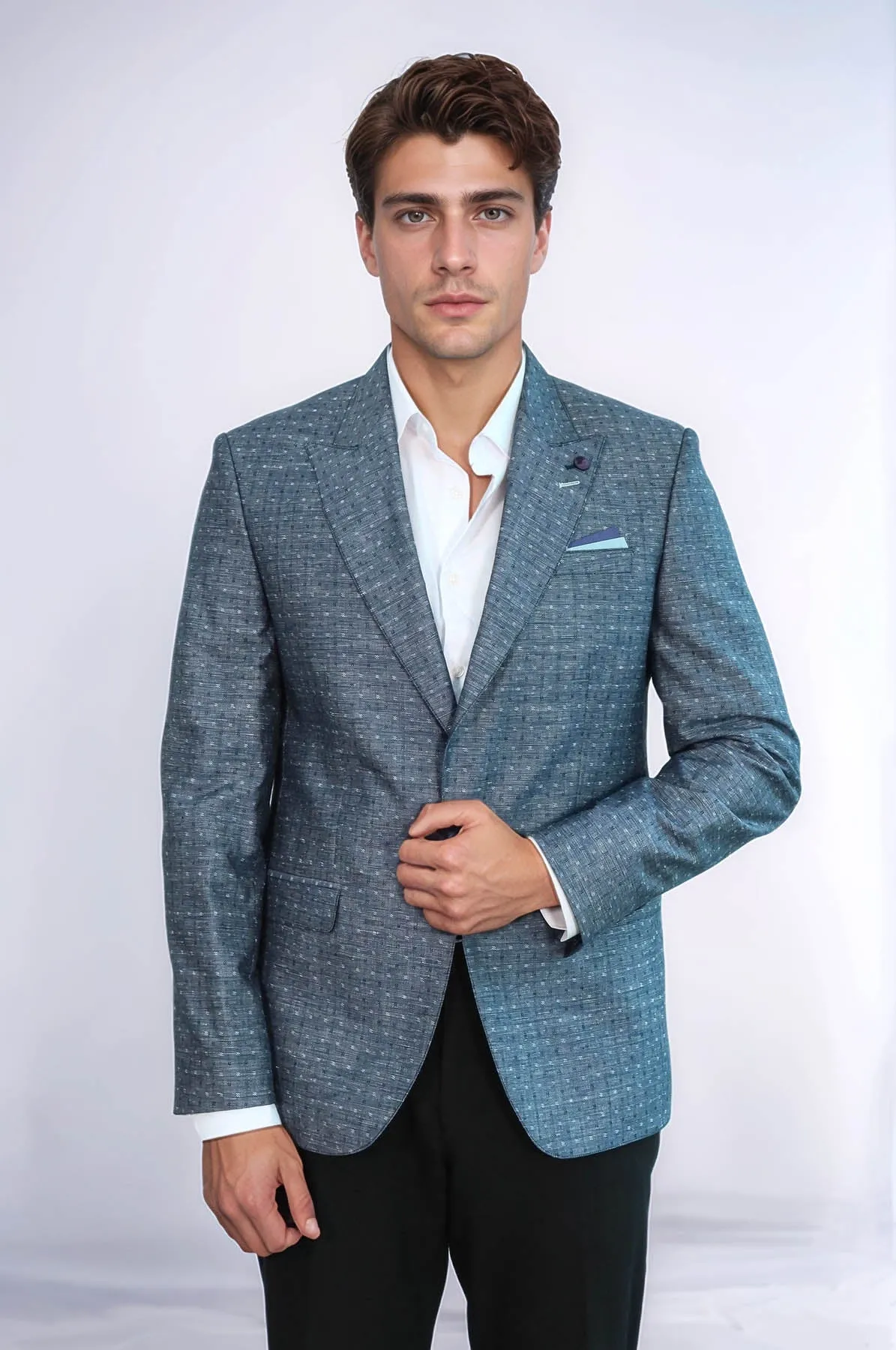 Navy Blue Linen Dot Patterned Jacket | Wessi