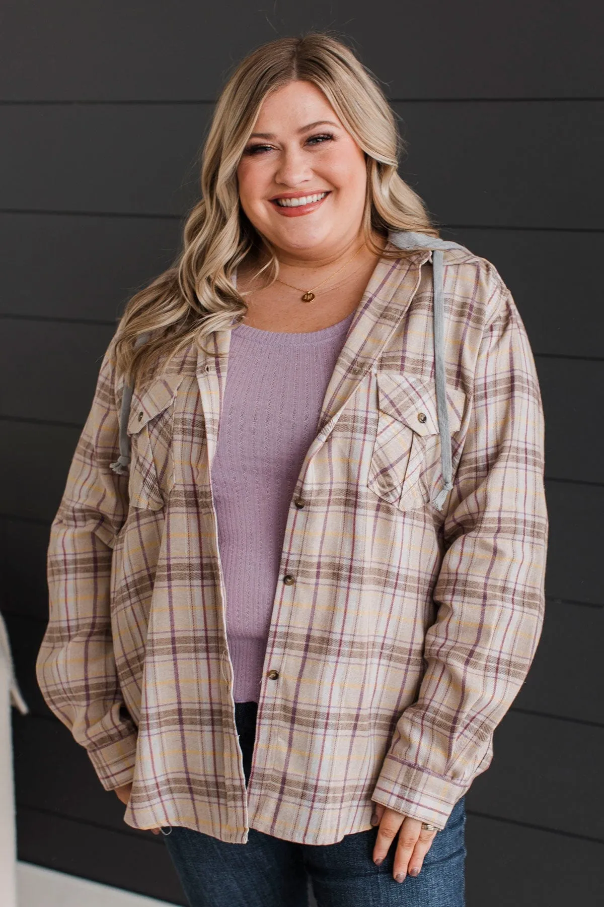 New Ambitions Plaid Button Top- Taupe & Lavender