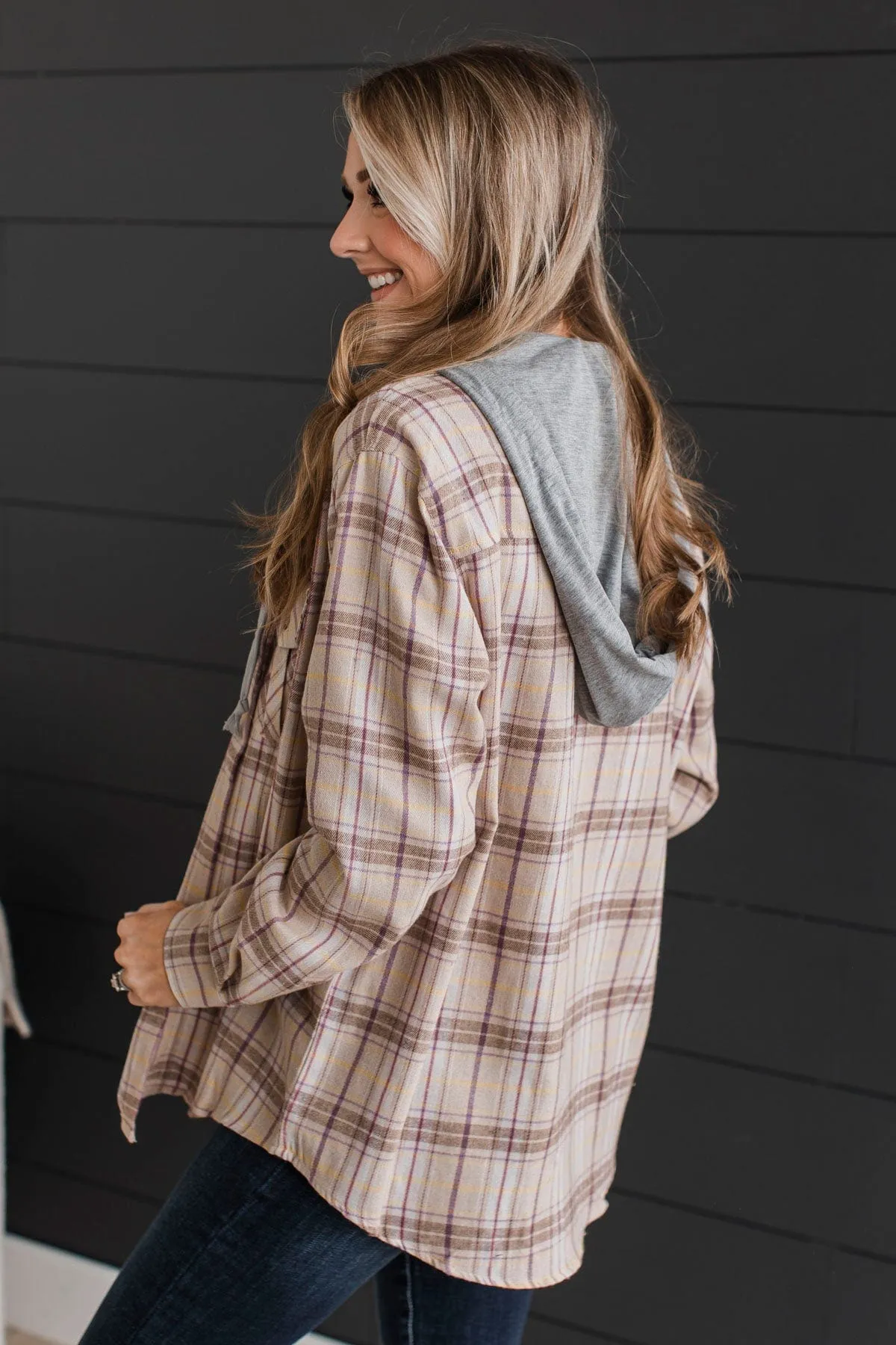 New Ambitions Plaid Button Top- Taupe & Lavender