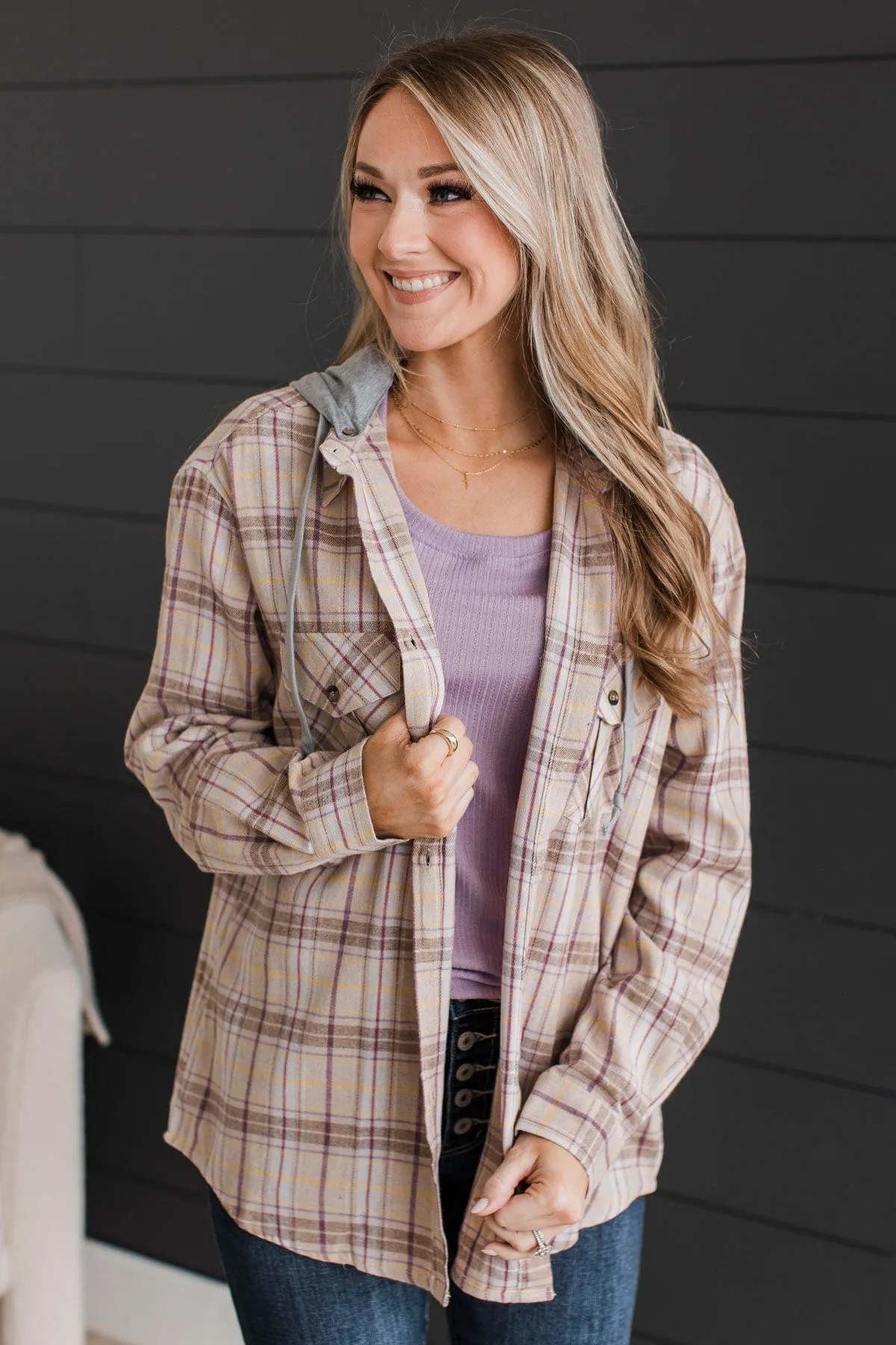 New Ambitions Plaid Button Top- Taupe & Lavender