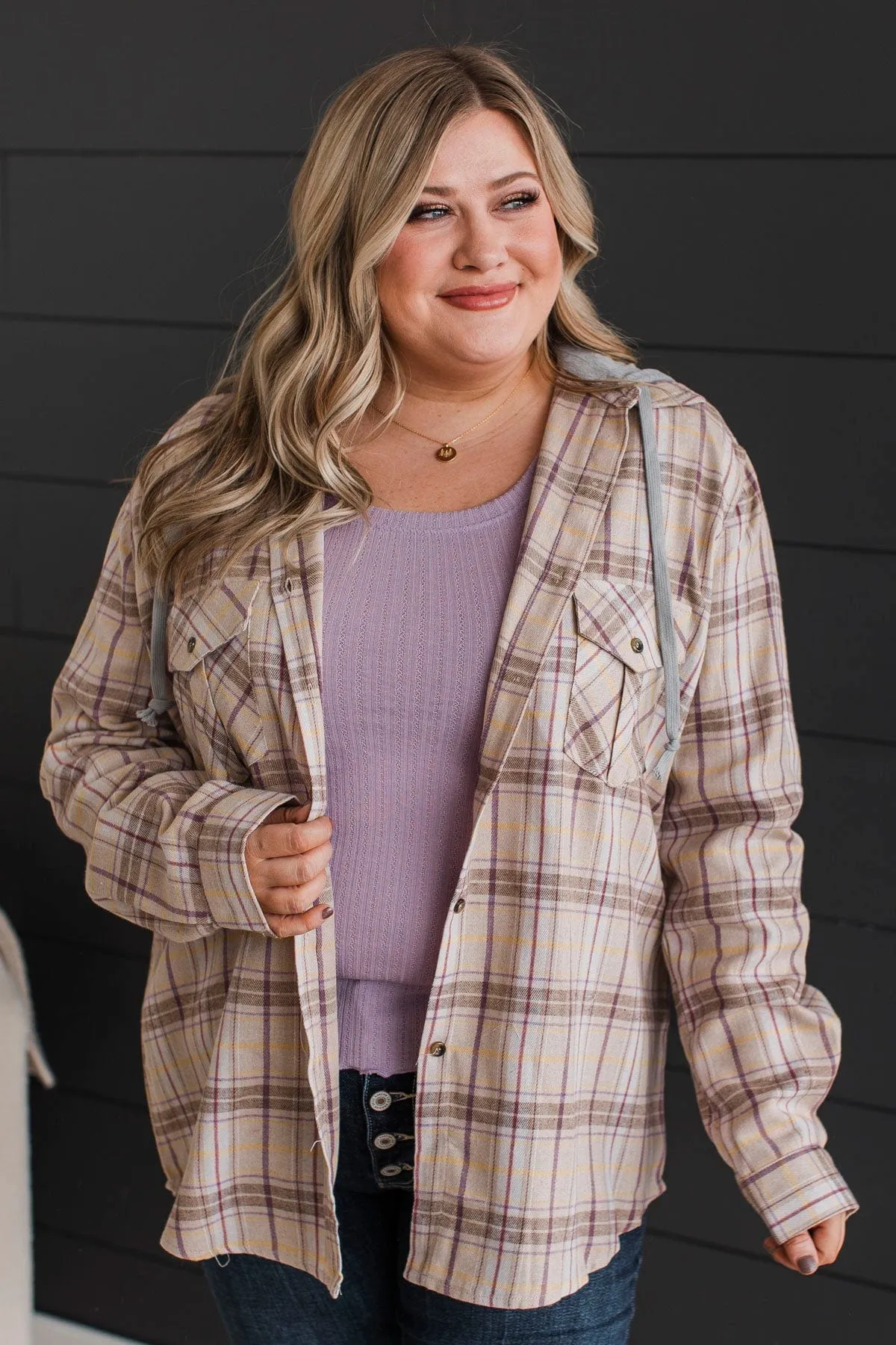 New Ambitions Plaid Button Top- Taupe & Lavender