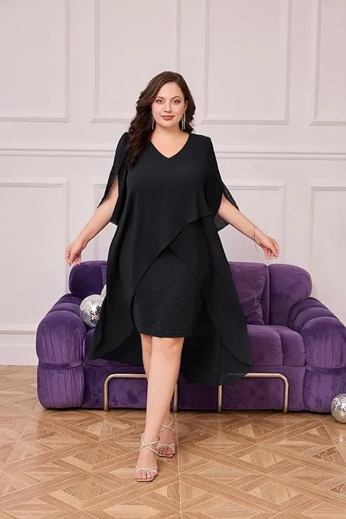NEW Hanna Nikole Women's Plus Size Chiffon Cocktail Dress Ruffle 3/4 Sleeve Wedding Guest Party Dresses with High Low Hem, Black, Sz 20W
