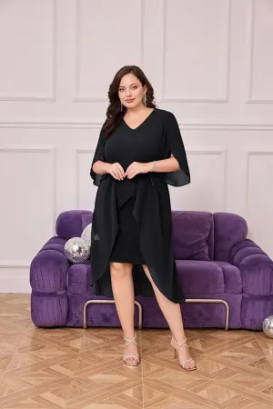 NEW Hanna Nikole Women's Plus Size Chiffon Cocktail Dress Ruffle 3/4 Sleeve Wedding Guest Party Dresses with High Low Hem, Black, Sz 20W