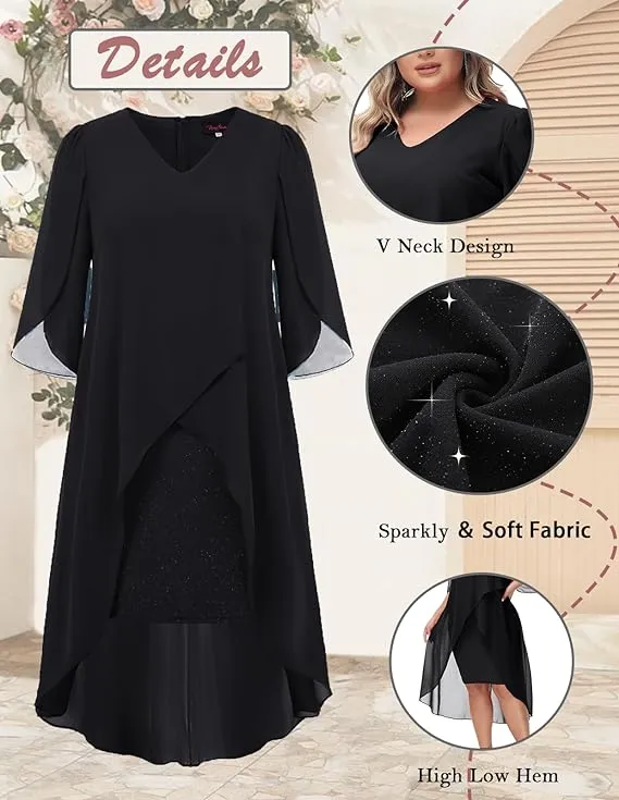 NEW Hanna Nikole Women's Plus Size Chiffon Cocktail Dress Ruffle 3/4 Sleeve Wedding Guest Party Dresses with High Low Hem, Black, Sz 20W