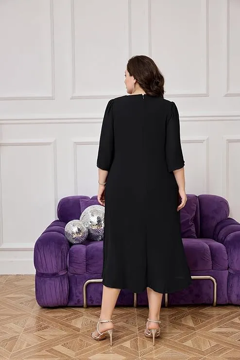NEW Hanna Nikole Women's Plus Size Chiffon Cocktail Dress Ruffle 3/4 Sleeve Wedding Guest Party Dresses with High Low Hem, Black, Sz 20W