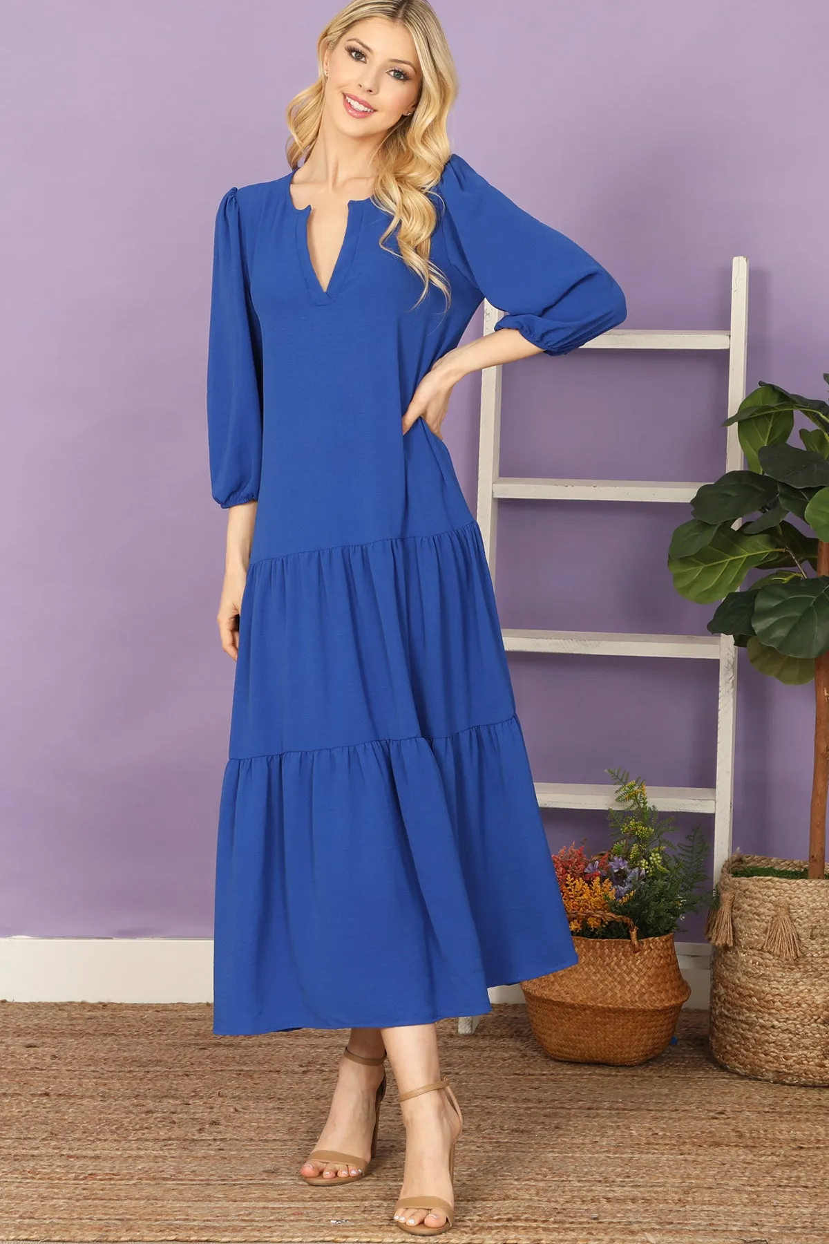 Notch Neck Long Sleeve Tiered Ruffle Solid Maxi Dress