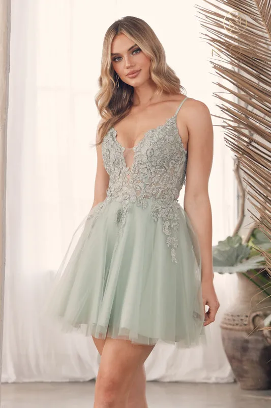 NOX ANABEL G785 Embroidered V-Neck Tulle Short Cocktail Dress