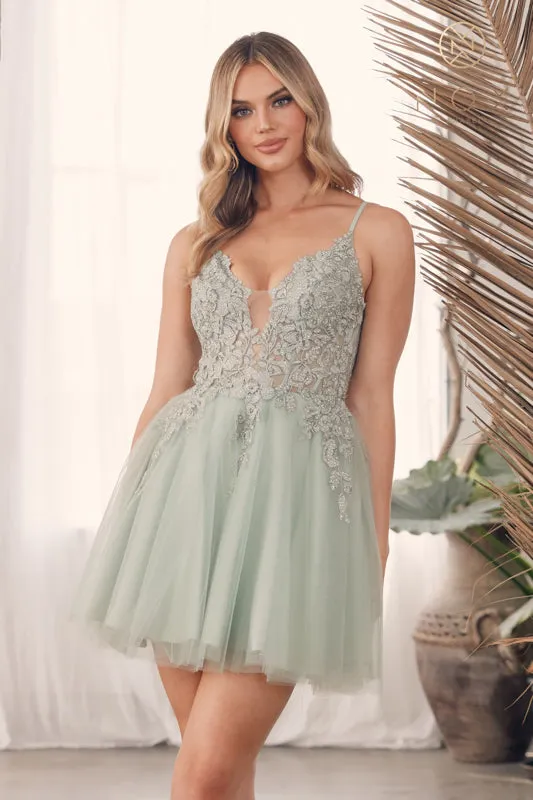 NOX ANABEL G785 Embroidered V-Neck Tulle Short Cocktail Dress