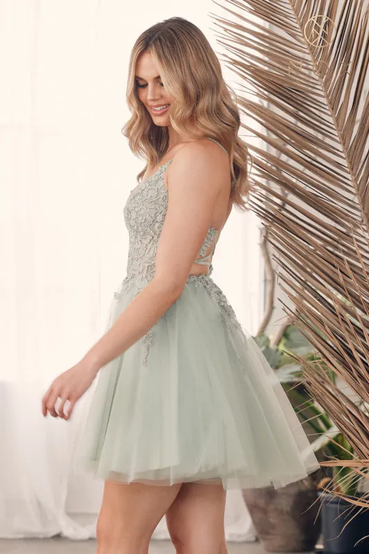 NOX ANABEL G785 Embroidered V-Neck Tulle Short Cocktail Dress