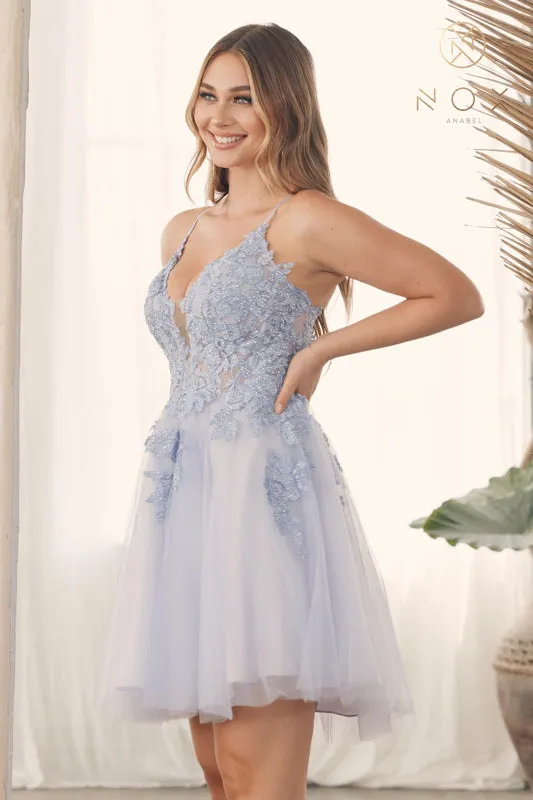 NOX ANABEL G785 Embroidered V-Neck Tulle Short Cocktail Dress
