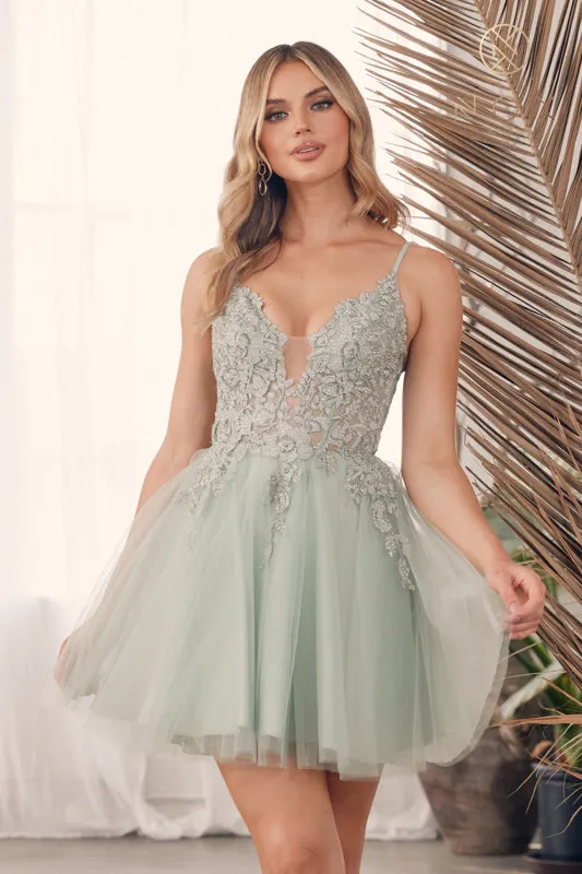 NOX ANABEL G785 Embroidered V-Neck Tulle Short Cocktail Dress
