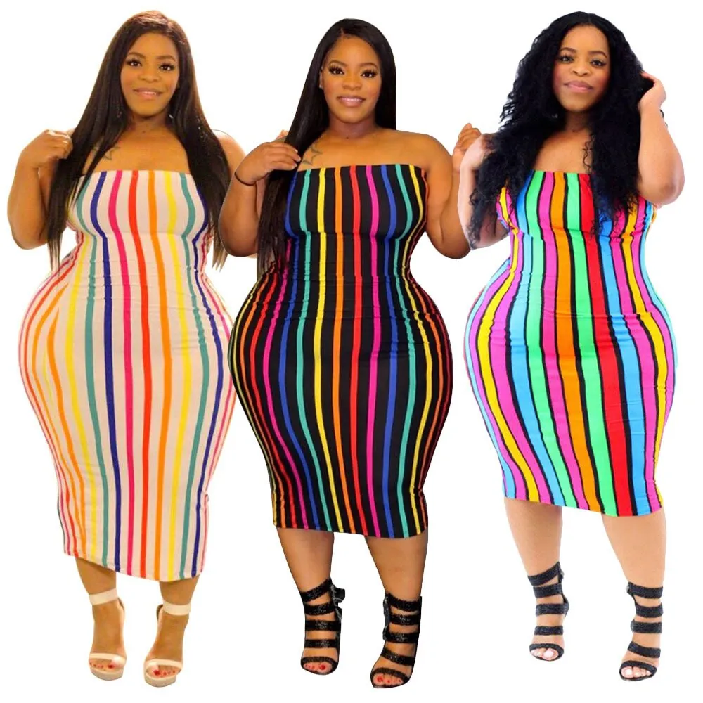 Off Shoulder Strapless Sleeveless Printed Rainbow Stripe 4XL Plus Size