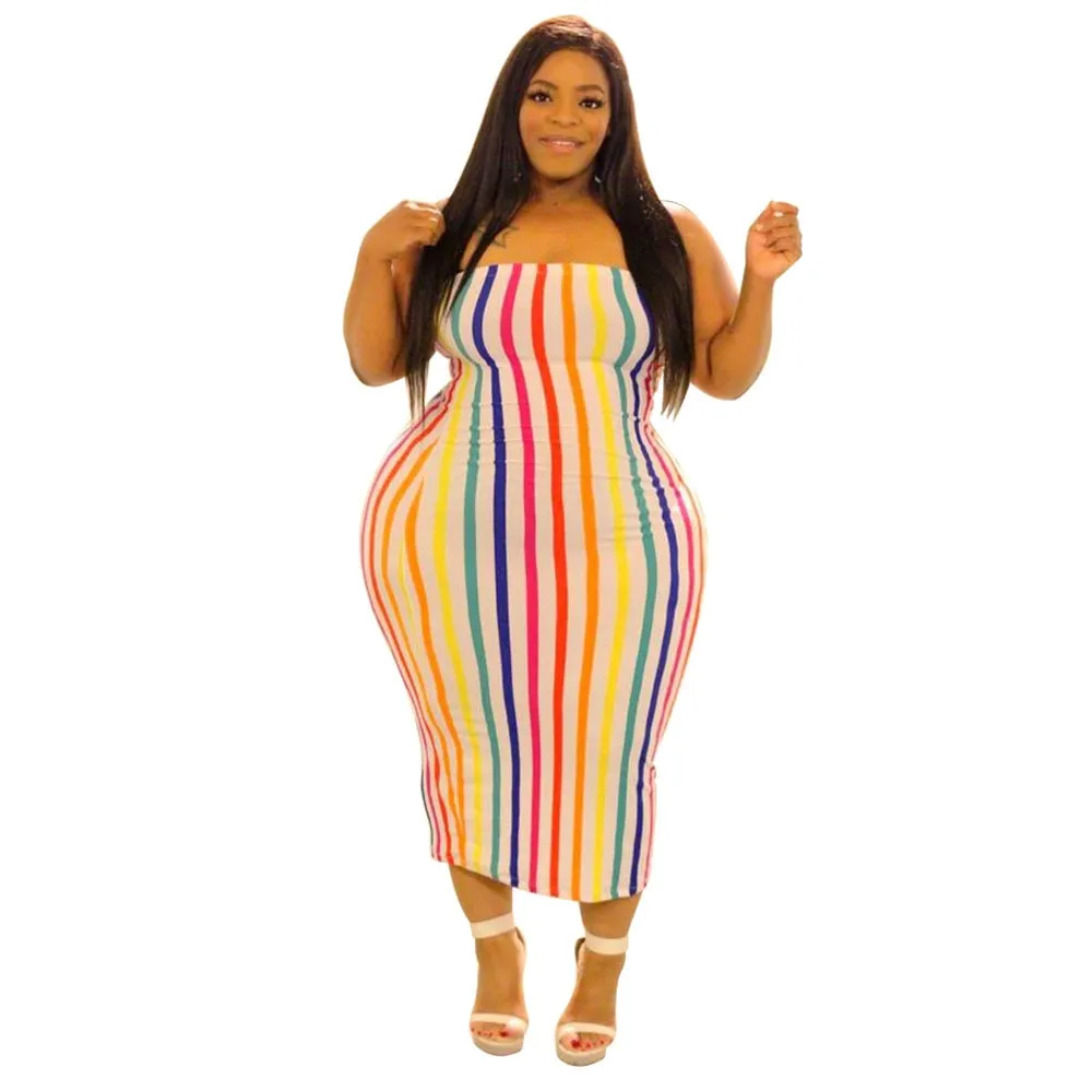 Off Shoulder Strapless Sleeveless Printed Rainbow Stripe 4XL Plus Size