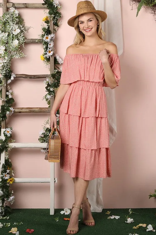 OFF THE SHOULDER THREE LAYERS RUFFLE DRESS*