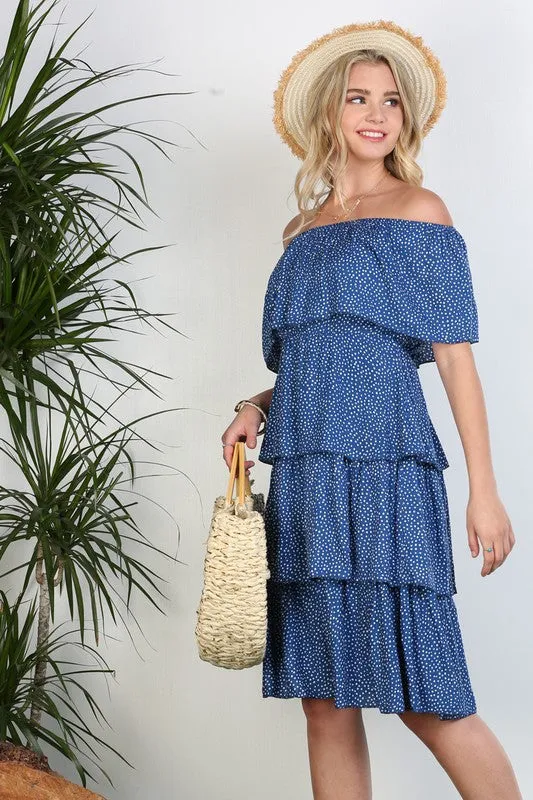 OFF THE SHOULDER THREE LAYERS RUFFLE DRESS*