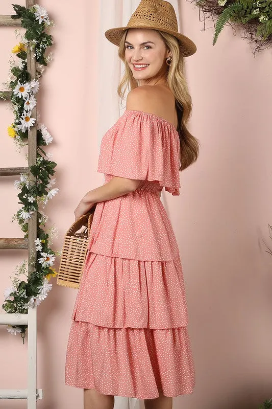 OFF THE SHOULDER THREE LAYERS RUFFLE DRESS*