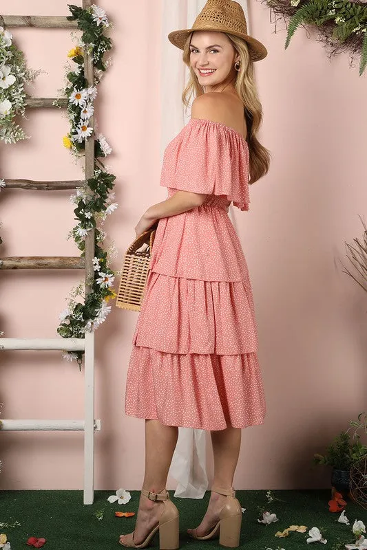 OFF THE SHOULDER THREE LAYERS RUFFLE DRESS*