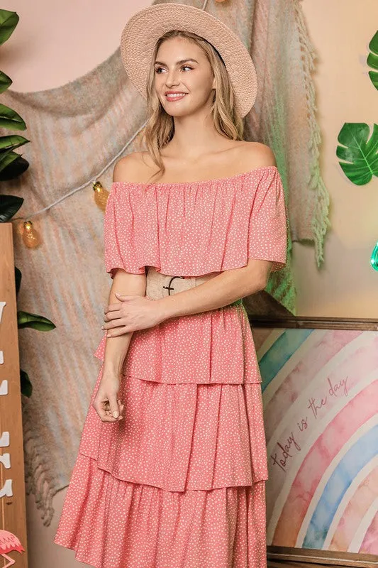 OFF THE SHOULDER THREE LAYERS RUFFLE DRESS*