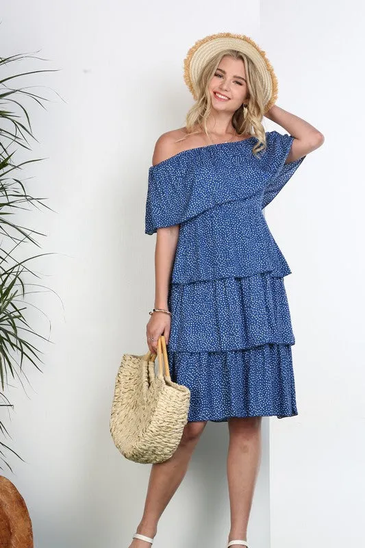 OFF THE SHOULDER THREE LAYERS RUFFLE DRESS*