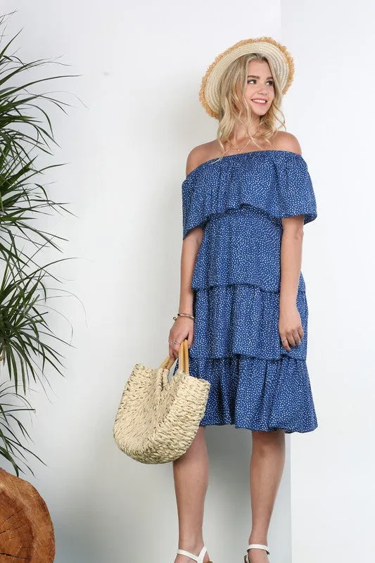 OFF THE SHOULDER THREE LAYERS RUFFLE DRESS*