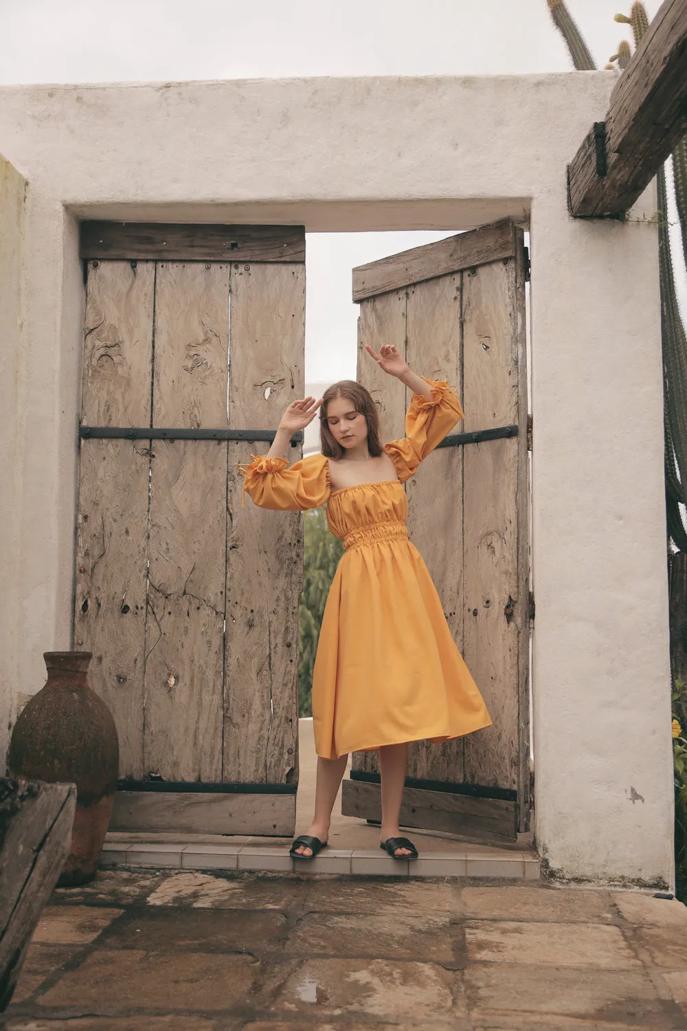 OIA Two Way Puff Sleeve Midi Dress with Gathered Detail and Square Neckline (Yellow Chambray)