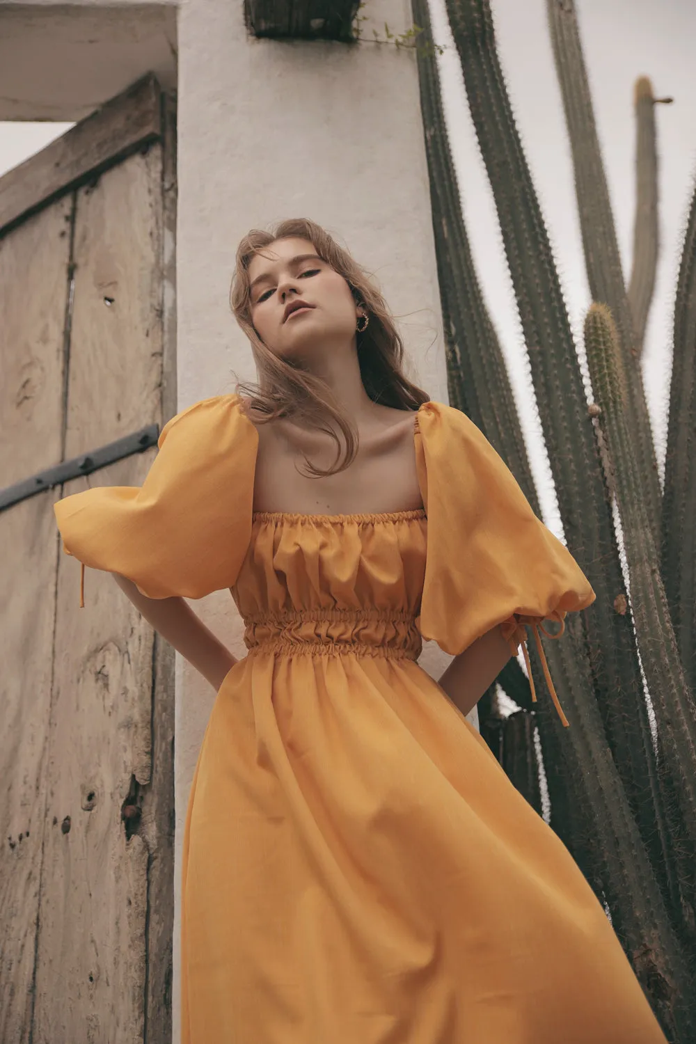 OIA Two Way Puff Sleeve Midi Dress with Gathered Detail and Square Neckline (Yellow Chambray)