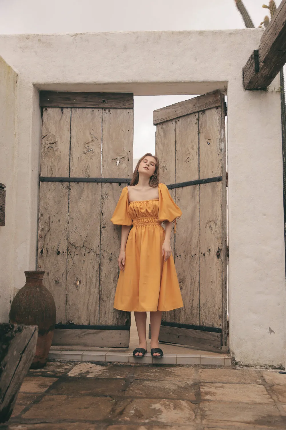 OIA Two Way Puff Sleeve Midi Dress with Gathered Detail and Square Neckline (Yellow Chambray)