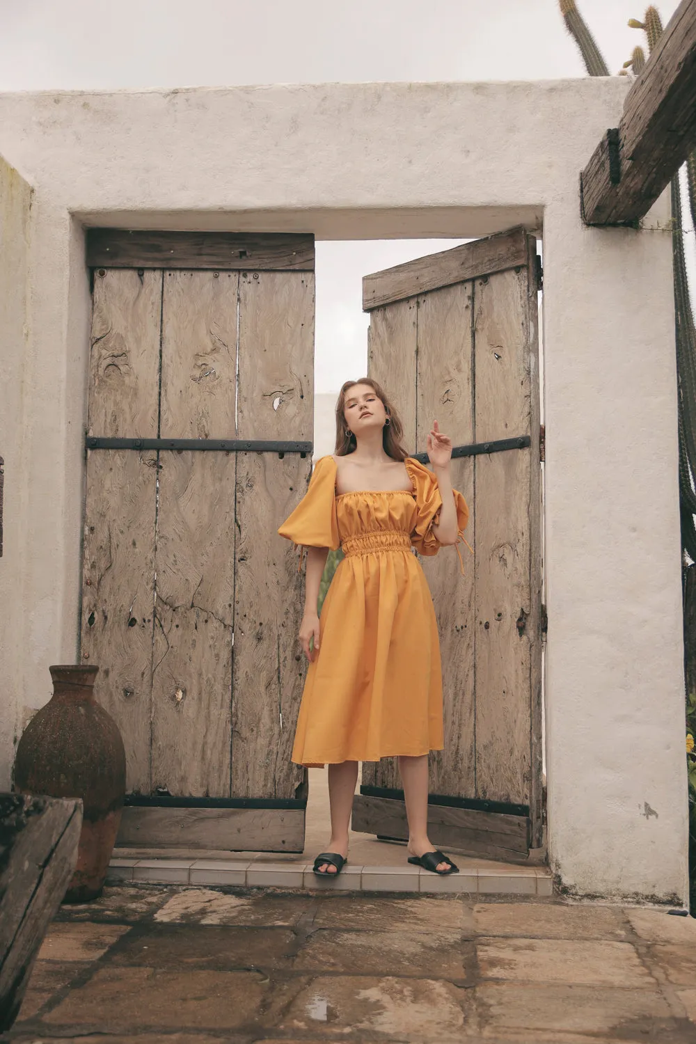 OIA Two Way Puff Sleeve Midi Dress with Gathered Detail and Square Neckline (Yellow Chambray)