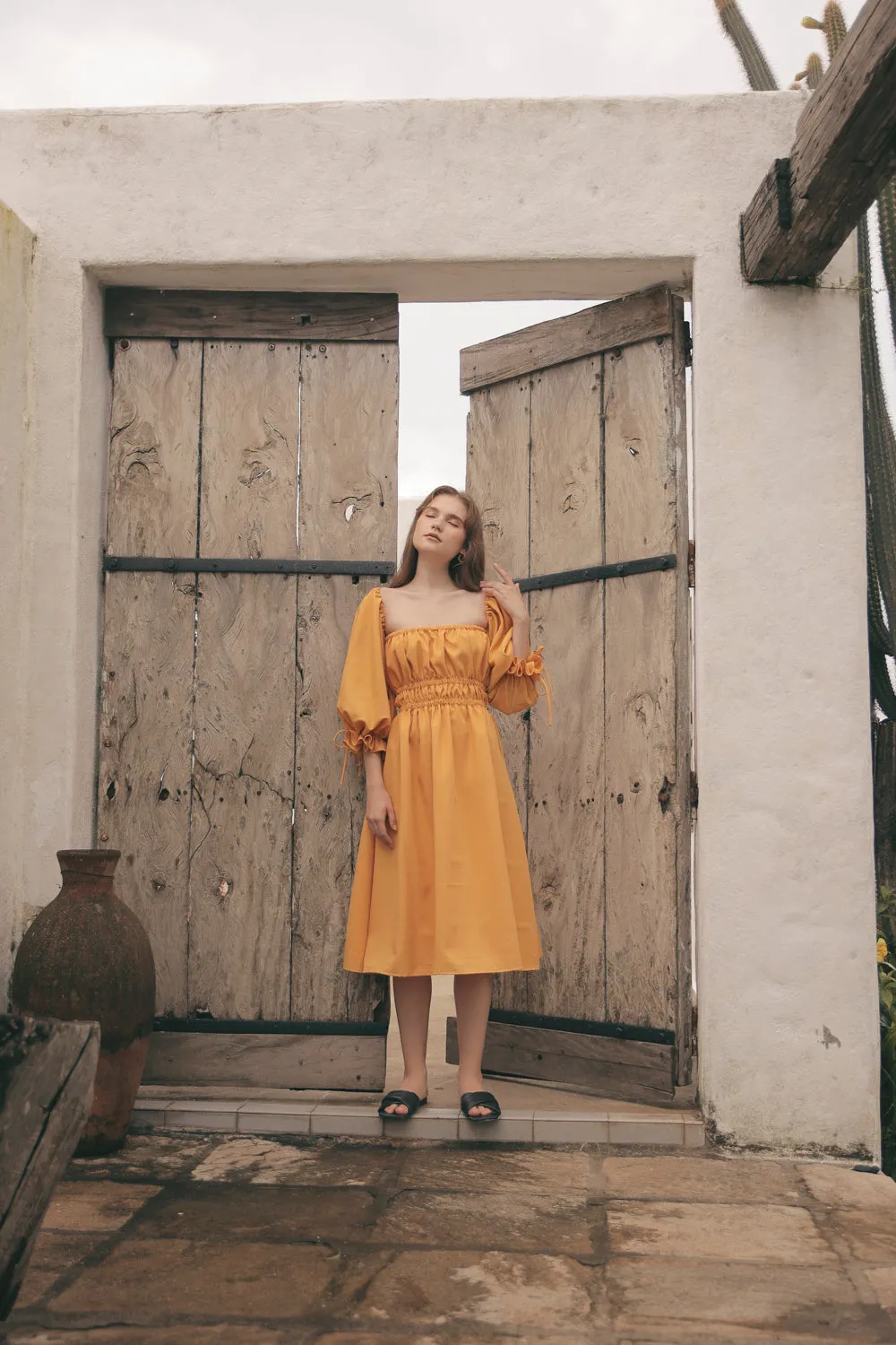 OIA Two Way Puff Sleeve Midi Dress with Gathered Detail and Square Neckline (Yellow Chambray)