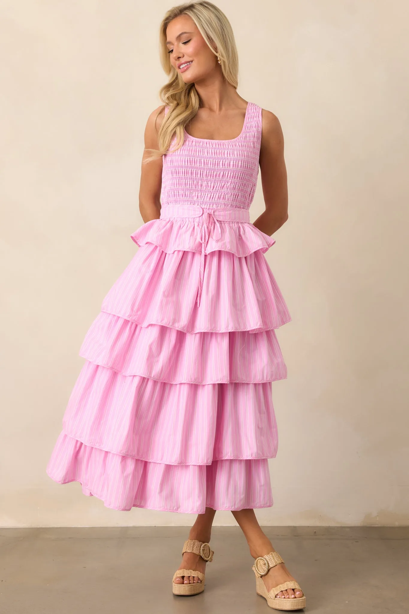 On Cloud Nine Pink Stripe Cotton Ruffle Maxi Dress